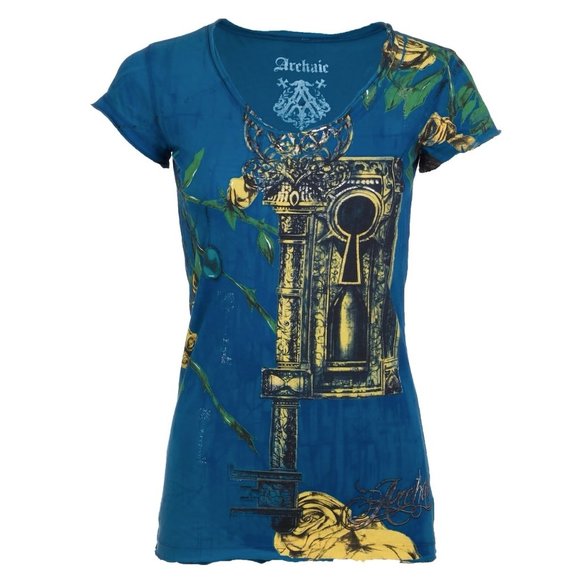 Archaic Affliction Women's T-Shirt Short Sleeve MY GIRL Tattoo Herat Biker Blue - Picture 4 of 7